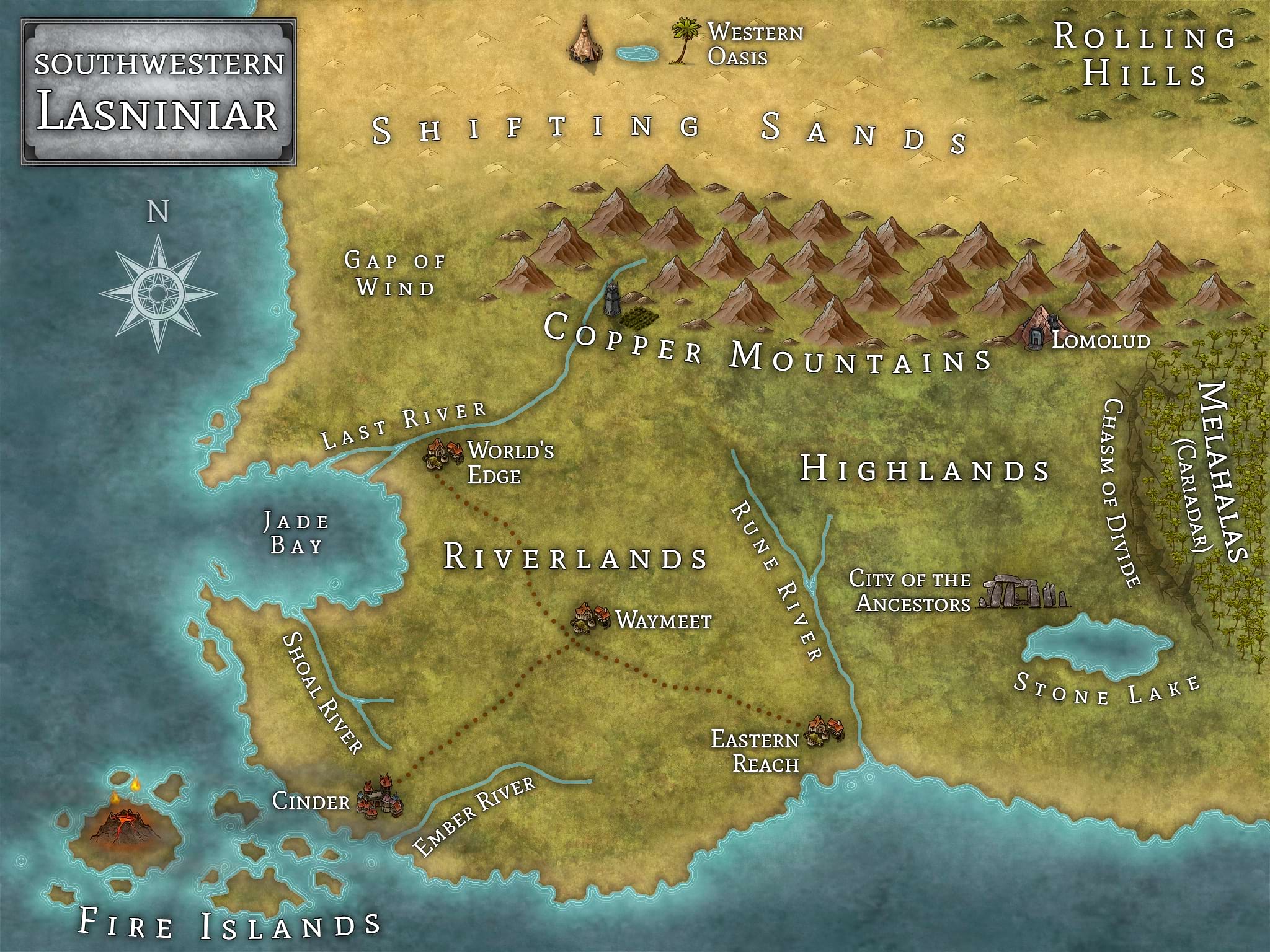 Map of Southwestern Lasniniar from the World of Lasniniar epic fantasy series
