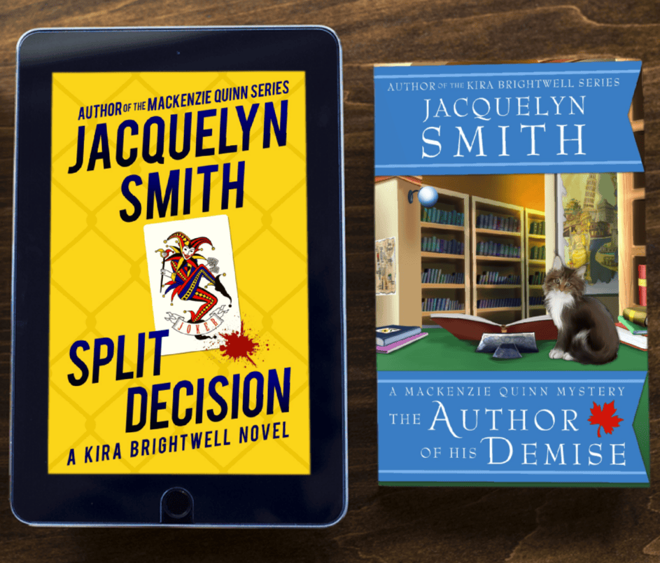 Split Decision ebook, The Author of His Demise paperback mysteries on wooden table