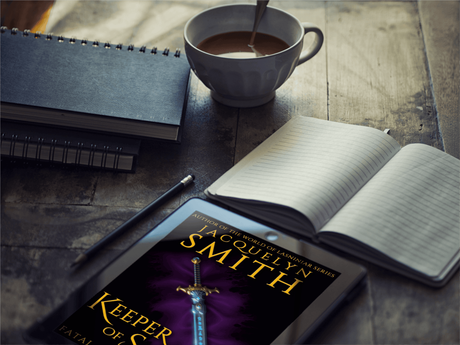Keeper of Secrets Fatal Empire Book One ebook with notebooks and coffee