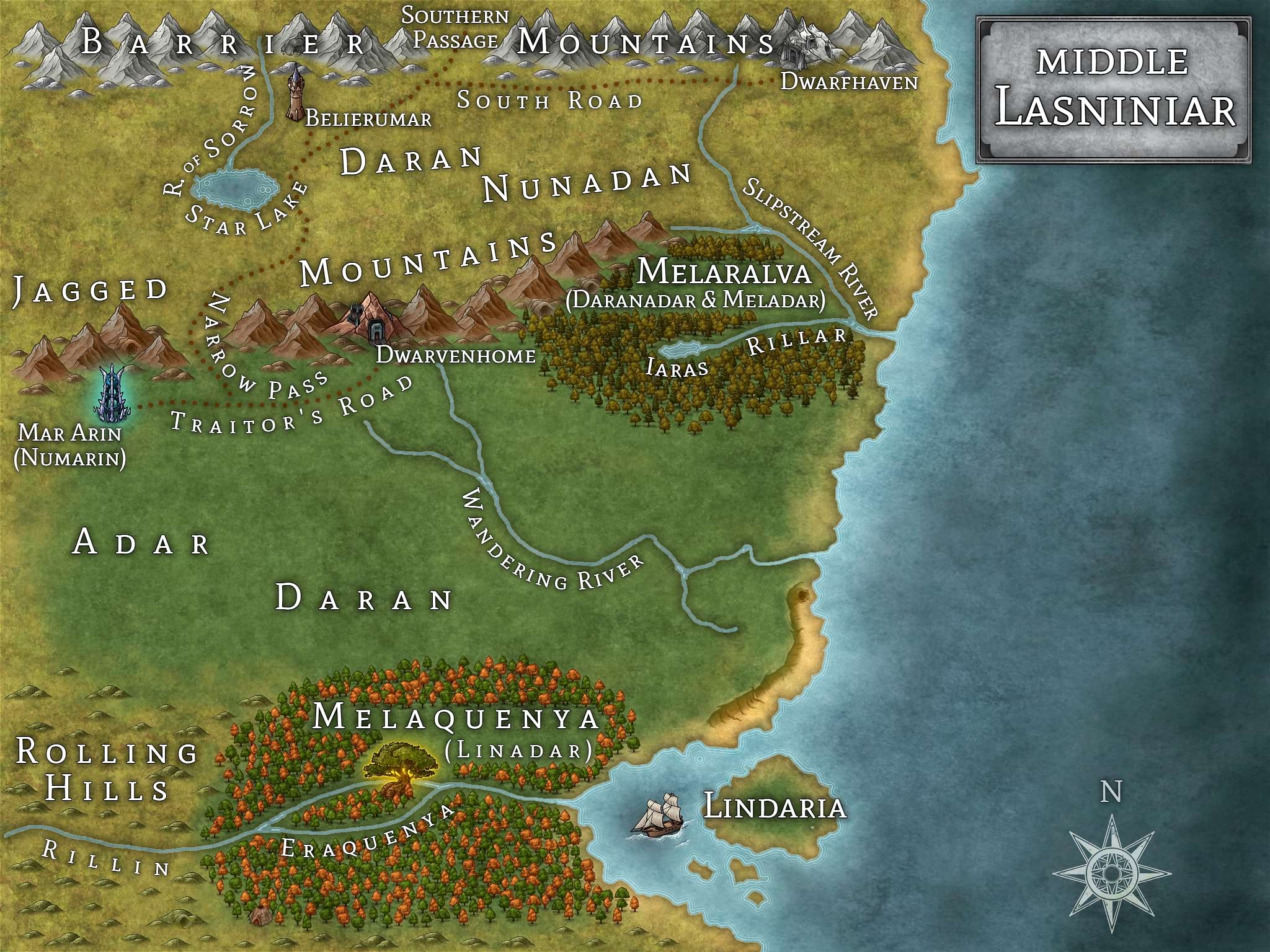 Map of Middle Lasniniar from the World of Lasniniar epic fantasy series
